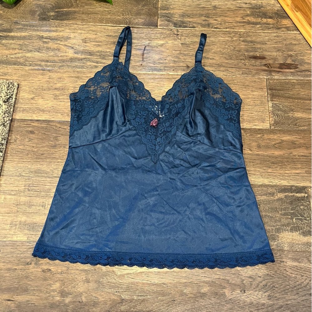Sliperfection Vintage 70s Blue Satin Lace Trim Lingerie Cami Size Medium